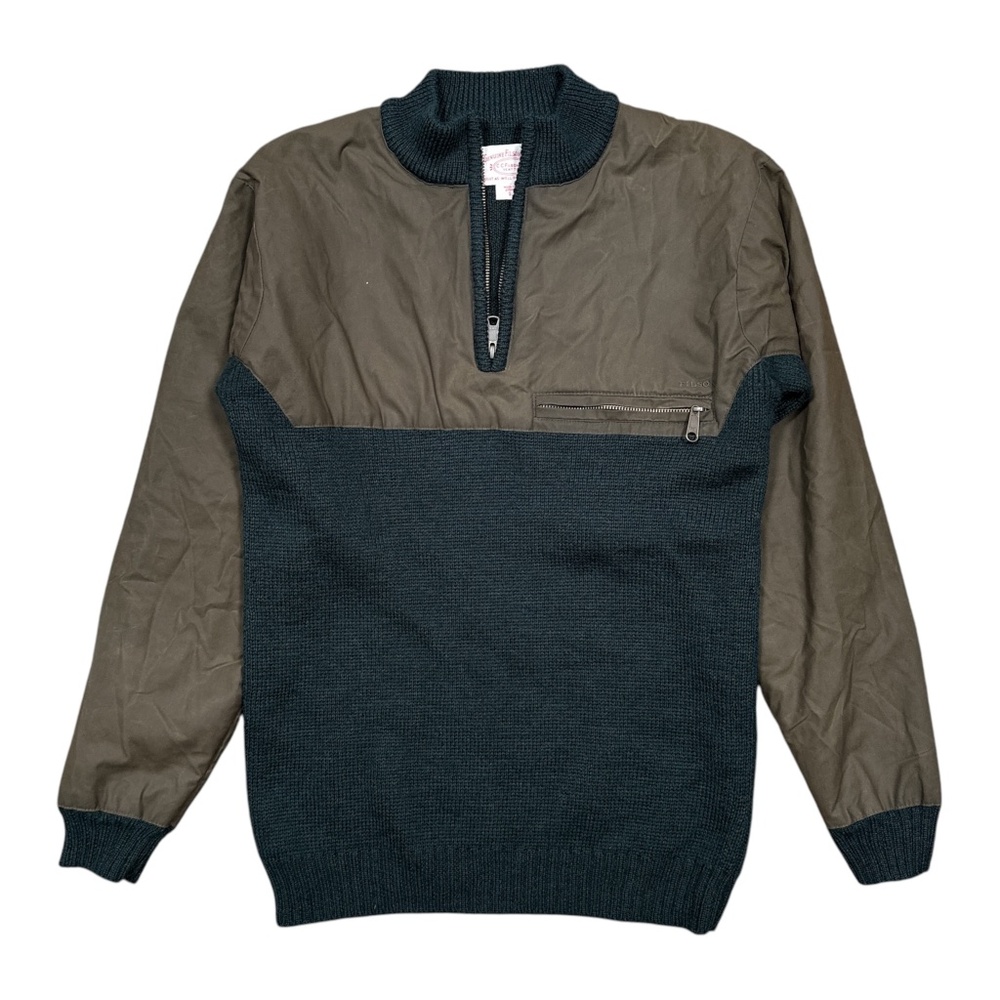 CC Filson Waterfowl Wool Waxed Canvas 1/4 Zip Green Sweater Mens Small - Picture 1 of 11